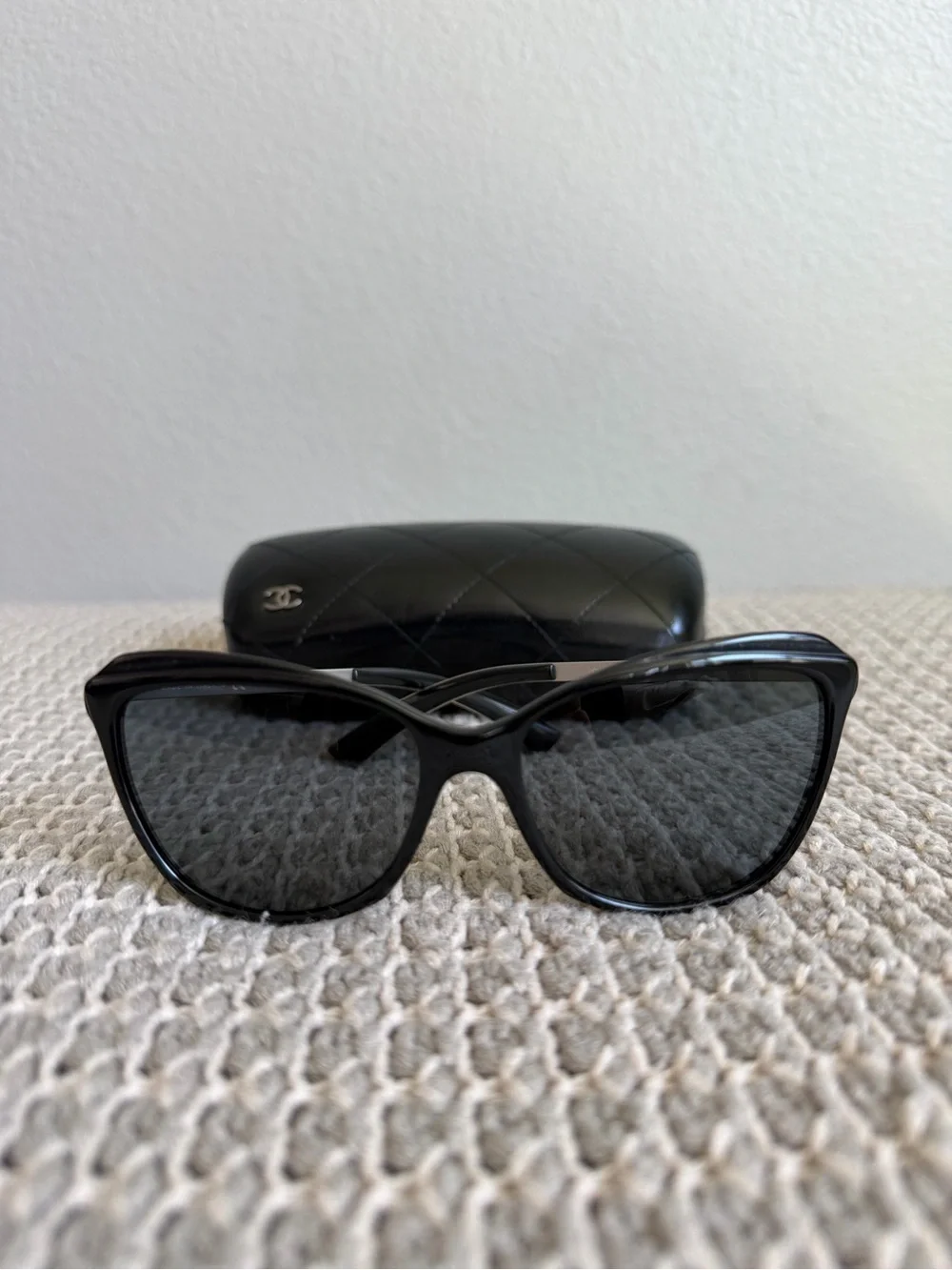 CHANEL Black Cat-Eye Sunglasses with Quilted Logo Case